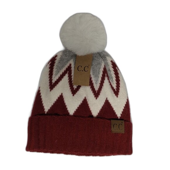 CC Knit Beanie Angora Blend Pom Pom on Top Burgundy **NEW** - Picture 3 of 6